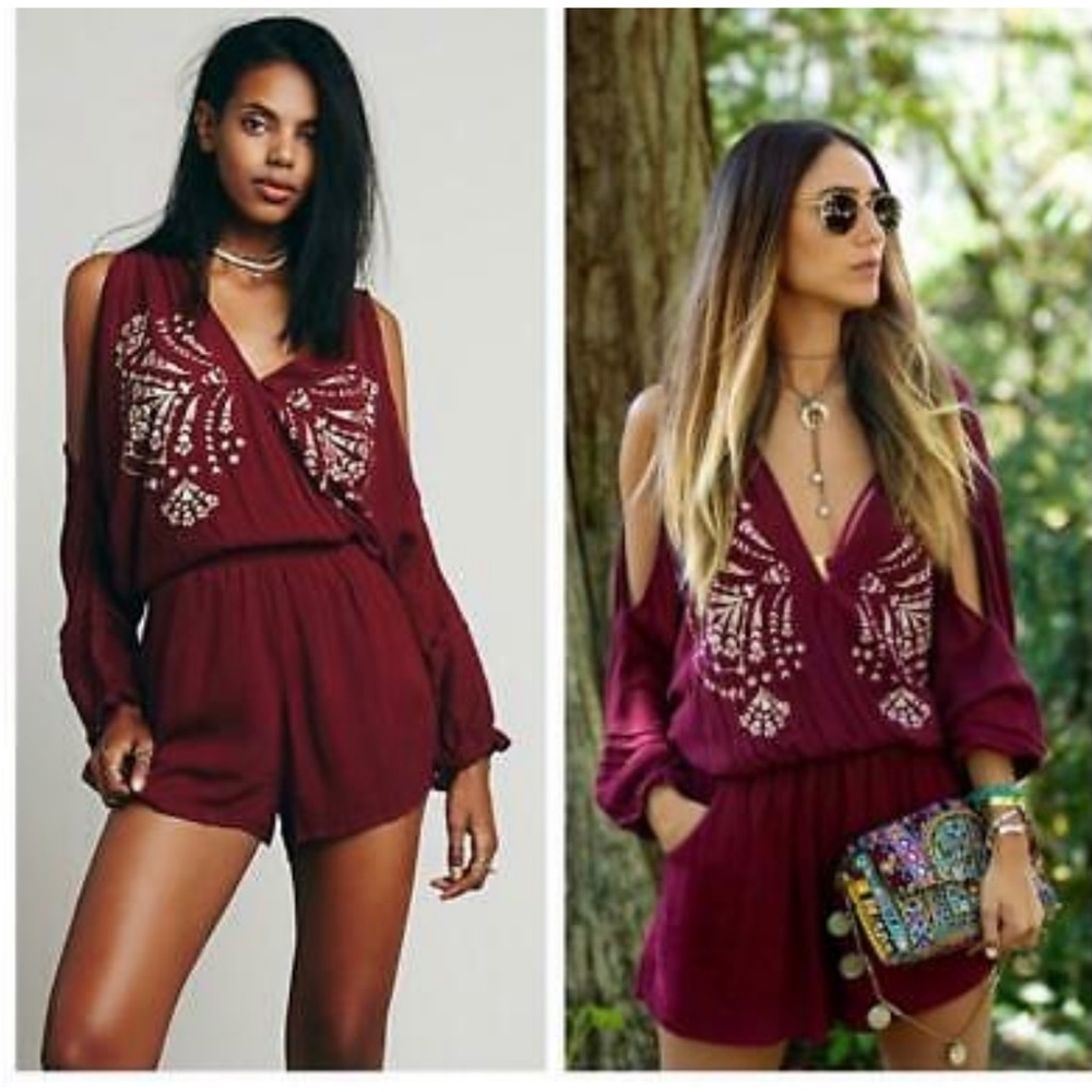 Free People Maroon Floral Embroidered Romper